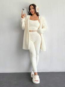 SHEIN PETITE Conjunto de chaleco de punto con mangas largas de hombros caídos y pantalones para mujer