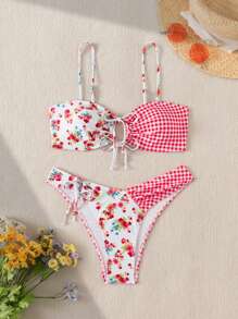 Women's 2pcs Contrast Ditsy Floral Strapless Bikini Set With Detachable Straps Summer - Pink - View 7