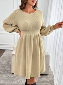 SHEIN LUNE Váy len dệt kim cổ tròn thắt nơ lưng cỡ lớn màu mơ, dáng chữ A dài tay, thường ngày và đa năng cho mùa thu/đông - Màu be - Xem 3