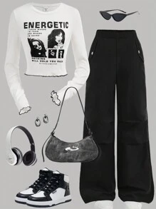 Girlism 2 件青少年女孩罗纹肖像印花复古撞色缝线长袖 T 恤和黑色编织工装裤套装 - 黑與白 - 查看 1