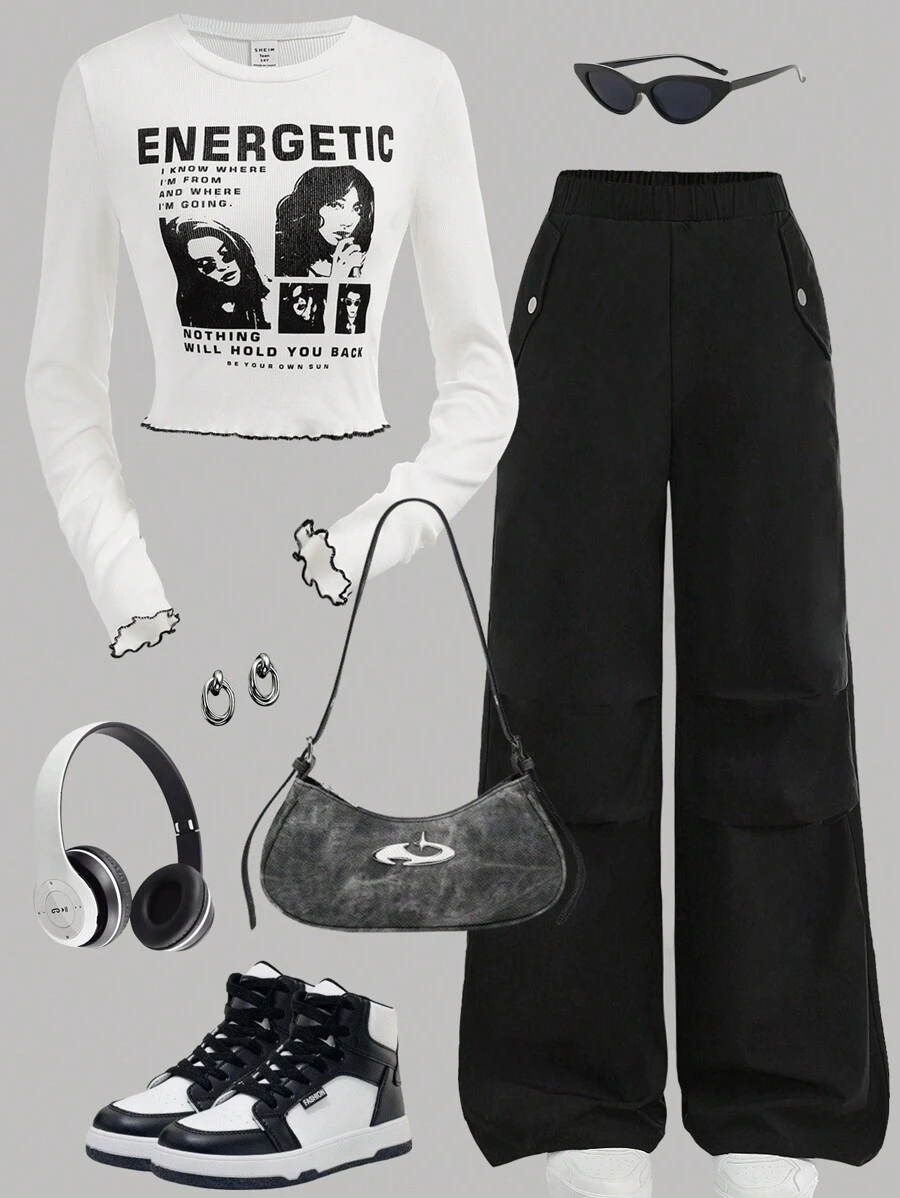 Girlism 2 件青少年女孩罗纹肖像印花复古撞色缝线长袖 T 恤和黑色编织工装裤套装 - 黑與白 - 查看 1