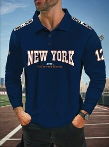 Manfinity Homme Plus Size Men Letter & Number Graphic Print Loose Fit Casual Long Sleeve Polo Shirt, For Going Out, Academia