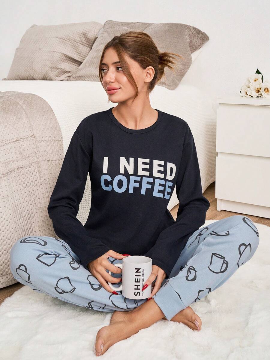 RueChic 2pcs Cotton Slogan Printed Shirt And Coffee Pattern Bottoms Homewear Set - Navy Blue - View 1