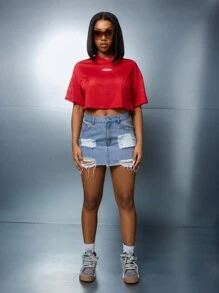 SUMWON WOMEN 破洞毛边迷你牛仔半身裙 - 藍色 - 查看 4