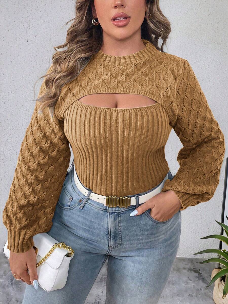 Elenzga Plus Size Women Solid Color Hollow Out Long Sleeve Casual Pullover Sweater, Autumn/Winter Knit Pullover Fall - Brown - View 1
