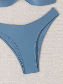 女士纯色扭纹细节比基尼套装，海滩风格夏季