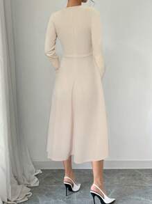 Elenzga 1 chiếc váy trang trí nơ thanh lịch thường ngày cho nữ, dành cho mùa thu - Màu be - Xem 2