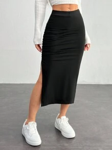 SHEIN PETITE 1pc Women Plain Color Split Pleat Minimalist A-Line Skirt, Casual Daily Wear