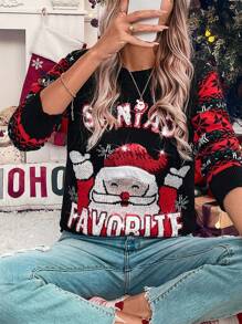 SHEIN LUNE Christmas Pattern Casual Knit Sweater, Autumn/Winter, Knit Pullover Fall - Black - View 1