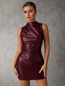 SHEIN BAE Autumn/Winter Sleeveless Ruched PU Mini Dress, Suitable For Party, Office, Outdoor, Liner Or Stand-Alone, Cocktail Dress - Burgundy - View 3