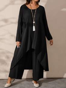 EMERY ROSE Plus Size Women's Fall Solid Color Round Neck Long Sleeve Asymmetric Hem Top And Wide Leg Pants Loose 2 Pieces Set - Black - View 3