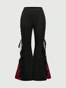 ROMWE Goth Women Retro Gorgeous "Daydreamer" Ruffle Trim Colorblock Lace Tie Flared Pants - Black - View 4