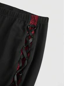 ROMWE Goth Women Retro Gorgeous "Daydreamer" Ruffle Trim Colorblock Lace Tie Flared Pants - Black - View 6