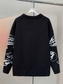 SHEIN Teen Boys' Casual Black & White Astronaut, Spaceship, UFO, Rocket, Moon Print Crew Neck Long Sleeve Sweater, Suitable For Autumn, Winter, Warmth, School, Home, Daily, Sports, Versatile, Layering - Black - View 2