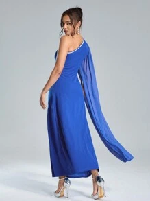 SHEIN Belle Đầm dạ hội trang trọng xếp ly một bên vai thắt eo thanh lịch cho quý cô, mùa thu - Màu xanh lam - Xem 2