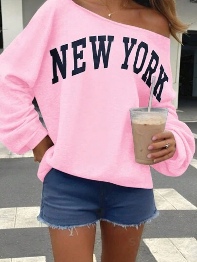 SHEIN Bubbli 女士撞色印花斜肩长袖运动衫