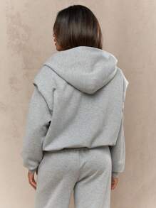 MISSGUIDED Athletic Full Zip Sweatshirt Cropped Bomber Style Workout Jacket Loungewear Casual Sports Activewear Fall Winter Essential - Grey - View 2