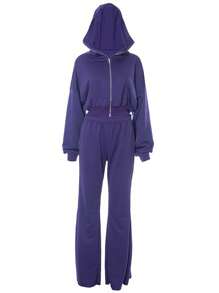 SHEIN EZwear 2 件套女士休闲宽松拉链连帽衫和阔腿裤，健身健身服运动套装，秋冬 - 紫色 - 查看 5