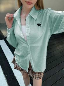 INAWLY Blusa holgada de mujer casual con bordados y hombros caídos - Verde - Ver 3