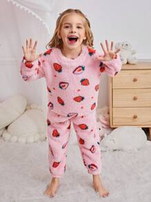 SHEIN 2 件装少女草莓图案圆领长袖柔软舒适毛绒睡衣套装（含长裤），秋冬款 - 粉色 - 查看 4