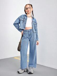 2 件女童休闲破洞牛仔夹克和牛仔裤套装，适合所有季节 - 淺色水洗藍 - 查看 3