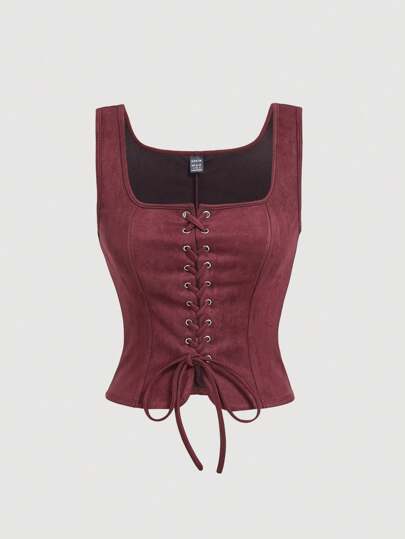 SHEIN MOD ملابس علوية بدون أكمام مع نقشات حزام أمامية بفتحات وأربطة كبداية الطبقة الأمامية، اللون بني