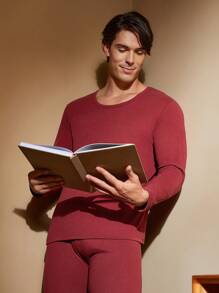 Solid Color Men 2pcs Warm Outfit - Round Neck Long Sleeve Top And Long Pants Set