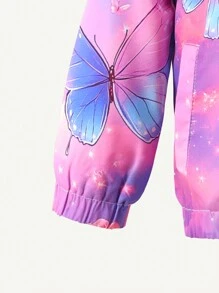 年轻女孩休闲时尚可爱梦幻星星和蝴蝶印花连帽保暖衬里拉链夹克 - 彩色 - 查看 6