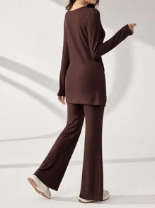 Graceveil 2pcs Women Sets: 1 Solid Color Button Decor Elegant Long Sleeve Top And 1 Flare Pants, Suitable For Autumn 2 Piece Set Modest - Coffee Brown - View 4