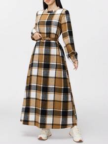 Mulvari Women's Retro Plaid Cinched Waist Long Sleeve Modest Dress, Autumn - Khaki - View 5