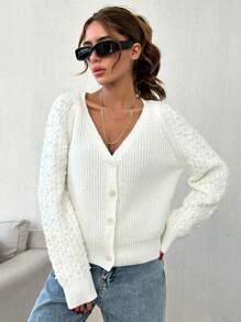 EURMUSE V-Neck Pearl Rib-Knit Loose Front-Button Casual Long Sleeve Cardigan - Beige - View 1