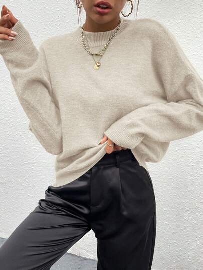 Pariaura Women Casual Loose Drop Shoulder Solid Color Sweater, Suitable For Autumn/Winter, Long Sleeve Top Knit Pullover Fall
