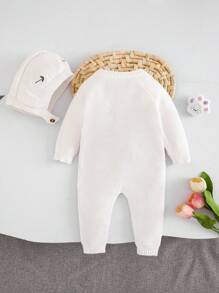 SHEIN 新生女婴花卉印花长袖针织连体衣，秋冬 - 白色 - 查看 2