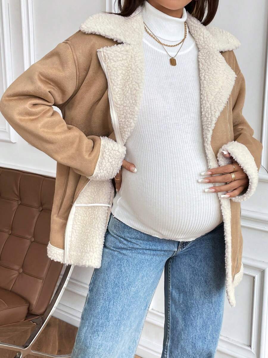 SHEIN Pocket Zipper Long Sleeve Solid Color Teddy Fleece Maternity