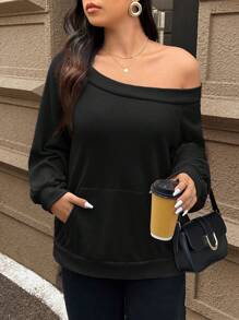 SHEIN Frenchy 大码纯色露肩长袖简约运动衫、休闲日常穿着、机场装 - 黑色 - 查看 3