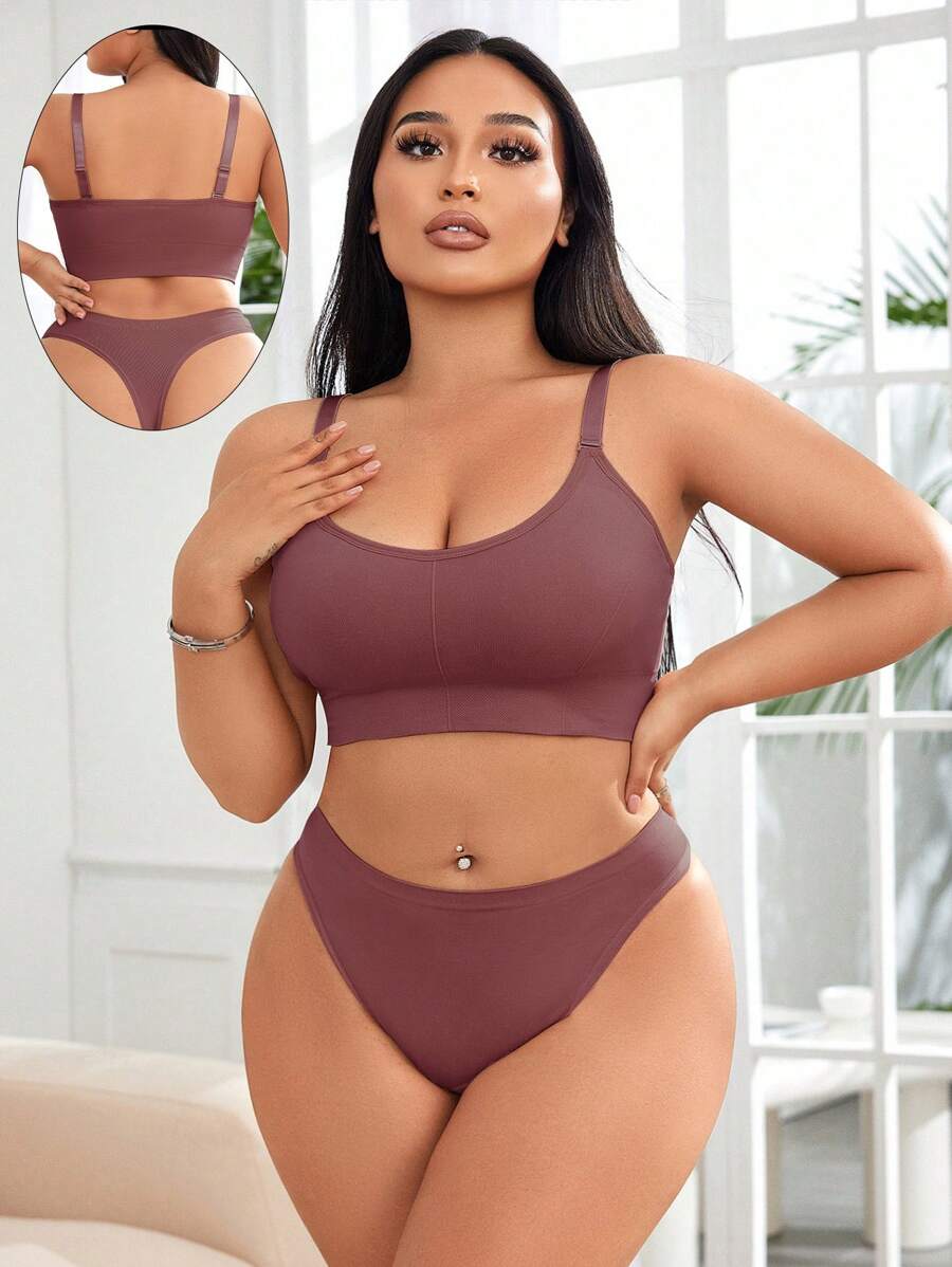 SHEIN Plus Size Women Solid Color Casual Lingerie Set, Lift - Burgundy - View 1