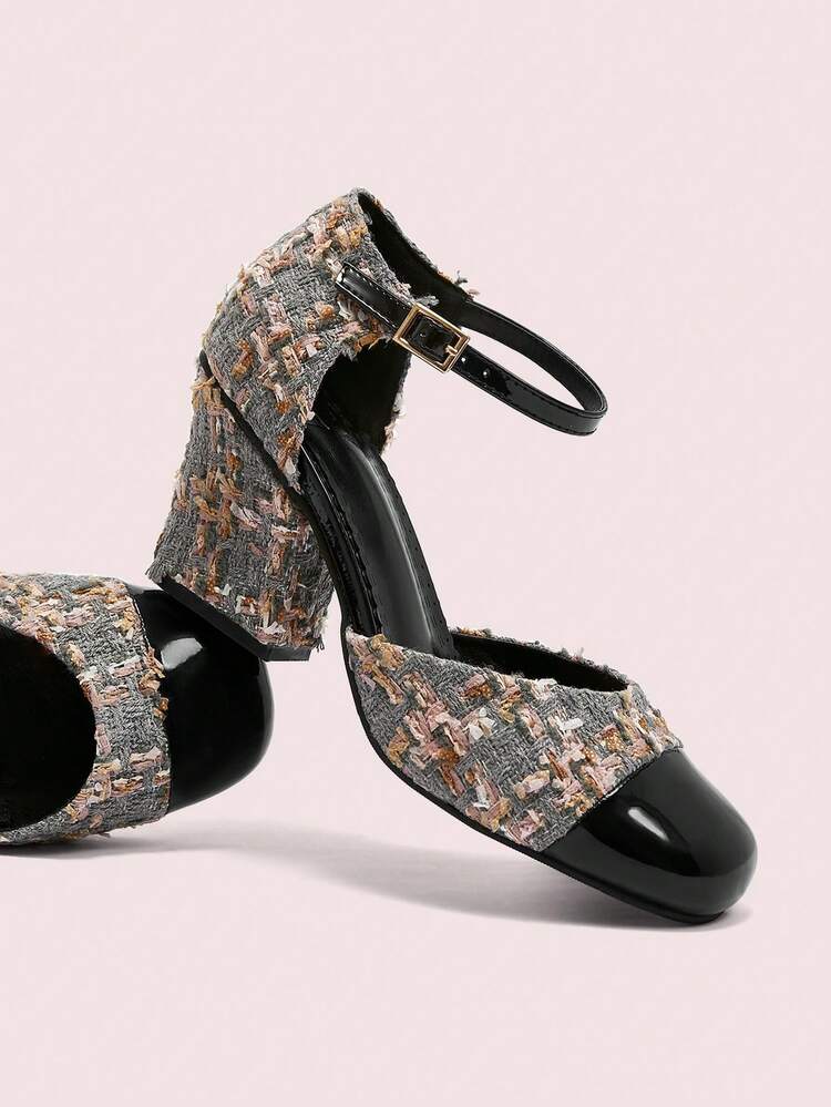 CUCCOO DOLLMOD Women's Round Toe Thick Heel Grey Woven Material Fashion Comfortable Casual & Party Buckle Strap Flat Shoes Spring Shoes Spring Break Easter
