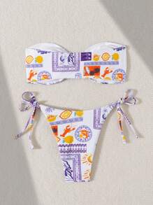 Swim Vcay 女士拼布印花褶饰结饰比基尼泳装套装，夏季海滩 - 紫色 - 查看 2
