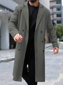 Manfinity Mode 男士休闲翻领拼布口袋双排扣大衣，秋冬款 - 深灰色 - 查看 5