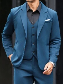 Manfinity Mode 3pcs/Set Men's Solid Color Long Sleeve Suit Jacket, V-Neck Buttoned Vest, And Suit Pants, Business Suit Set - Dark Green - View 6