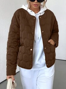GENKIRA Fashionable Casual Geometric Pattern Round Neck PocketPadded Insulated Polyfill Synthetic Insulation Winter Coat Winter Jacket Jacket Fall Cloth For Women - Brown - View 6