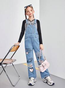 Tween Girl 休闲百搭简约个性街头印花水洗舒适蓝色牛仔连体裤和背带裤，四季百搭 - 中等水洗藍 - 查看 5