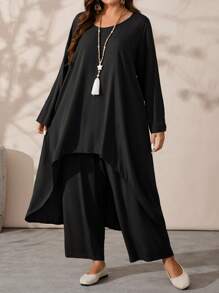 EMERY ROSE Plus Size Women's Fall Solid Color Round Neck Long Sleeve Asymmetric Hem Top And Wide Leg Pants Loose 2 Pieces Set - Black - View 4