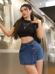 SHEIN PETITE 女式纯色交叉腰前扣口袋性感牛仔短裤 - 深色水洗藍 - 查看 5