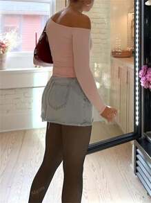 Mystra Women Y2K Style Solid Color Oblique Shoulder Long Sleeve T-Shirt, Autumn