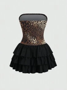 Flirla Robe courte sans manches à ourlet superposé et imprimé léopard pour femme