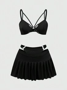 ROMWE Goth 3 件套哥特式百褶裙和性感内衣套装 - 黑色 - 查看 1