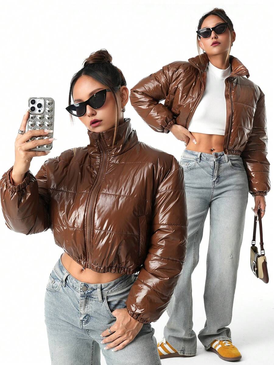 SHEIN 2024 秋冬青少年女孩优雅天鹅绒领子棉服外套 - 黑色 - 查看 1