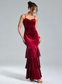 SHEIN Belle Váy dạ hội thời trang mùa thu đông cho nữ, váy nhung co giãn ba lớp bèo nhún cỡ lớn màu đỏ tía, váy dạ hội trang trọng cho nữ, thiết kế xếp nếp ba lớp tạo cảm giác thời trang và vui tươi, thích hợp cho tiệc tối và Giáng sinh, váy dạ hội thanh lịch, cho khách dự tiệc cưới, tốt nghiệp, tiệc tối - Màu Đỏ Sâu - Xem 3