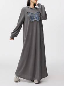 Mulvari 女士 3D 蝴蝶装饰连帽长款卫衣连衣裙，休闲宽松款式，秋冬